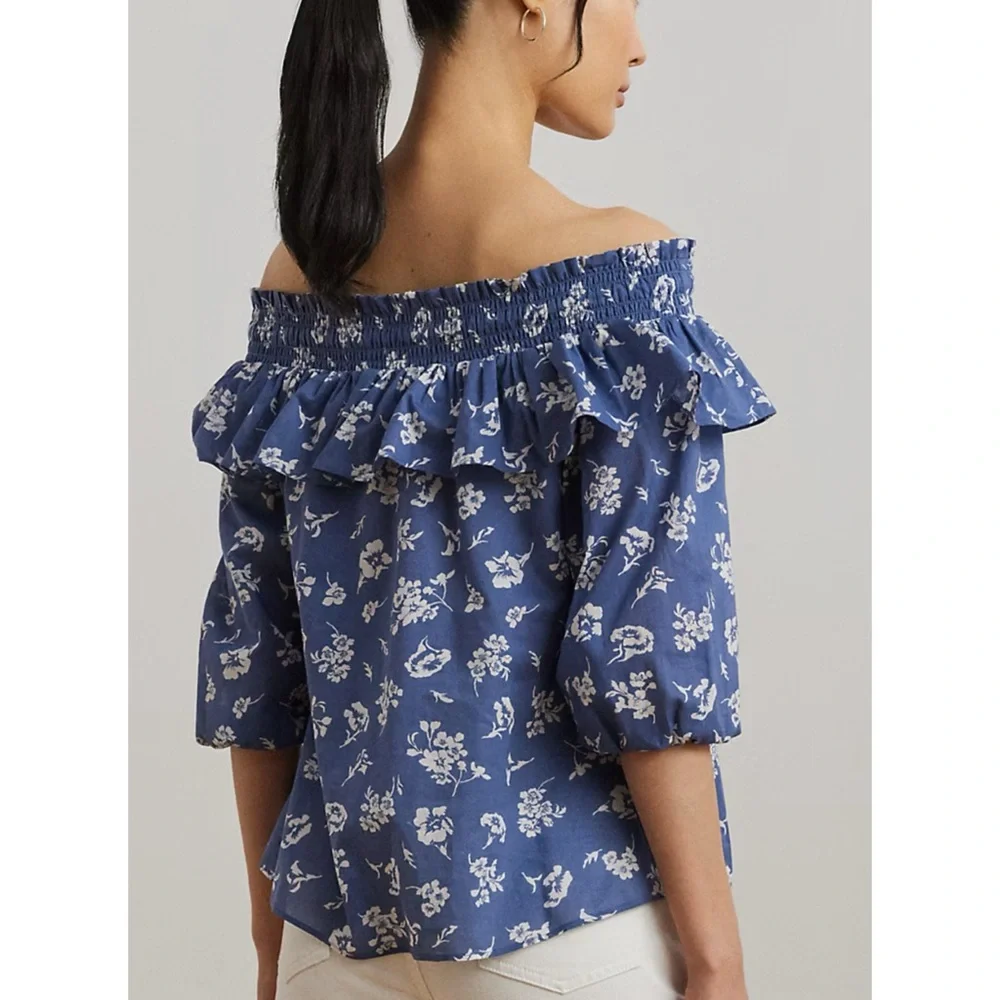 Ralph Lauren Blue Floral Off-Shoulder Blouse - Picture 5 of 10